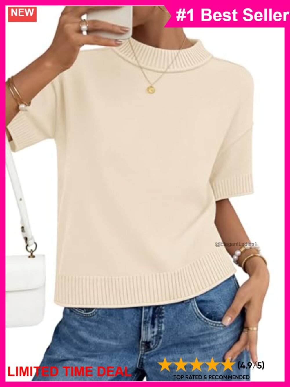 Loose Knit Short Sleeve Pullover Sweater Crop Top Ribbed Trim Casual